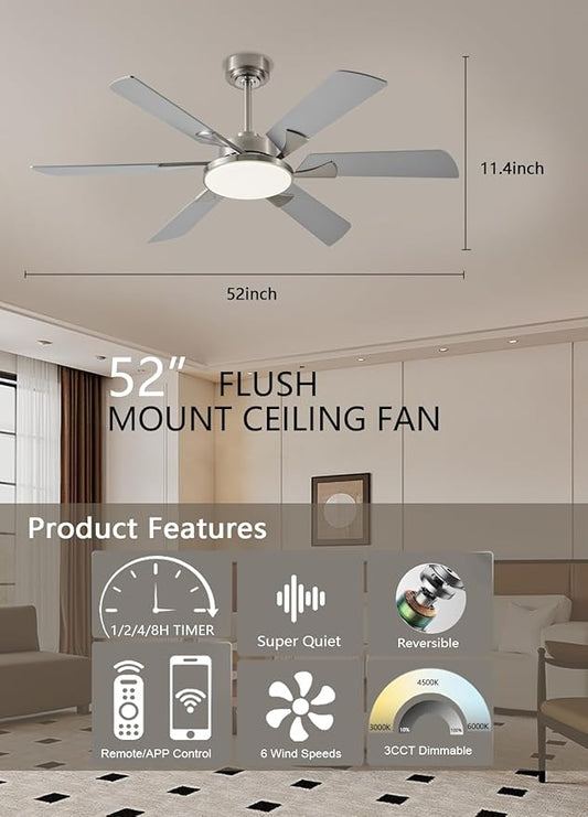 JSAITEE 52 Inch Low Profile Ceiling Fan with Light, Remote & App Control, 3CCT Dimmable,6 Speed 6 Blades Ceiling Fans, Quiet Reversible DC Motor, Modern Nickel Ceiling Fan for Bedroom Living Room