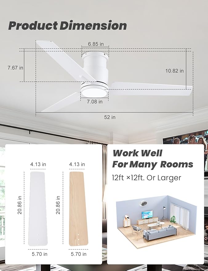 CJOY Ceiling Fans with Lights, 52 Inch Low Profile Ceiling Fans with Light and Remote, Reversible DC, Flush Mount, 3CCT，Dimmable, Modern Indoor/Outdoor Design for Bedroom, Living Room, Patio, Kitchen