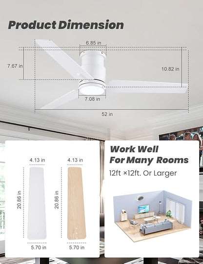 CJOY Ceiling Fans with Lights, 52 Inch Low Profile Ceiling Fans with Light and Remote, Reversible DC, Flush Mount, 3CCT，Dimmable, Modern Indoor/Outdoor Design for Bedroom, Living Room, Patio, Kitchen