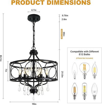 6-Light Modern Black Crystal Chandelier, Farmhouse Ceiling Light Fixture, Hanging Metal Pendant Lights Kitchen Island Dining Room Entryway Foyer