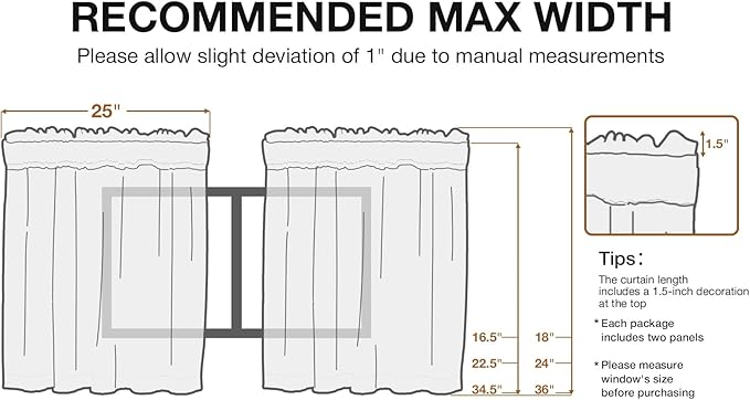 Anmao Non-See-Through Valance Kitchen Curtains 18 Inch Length 2 Panels Set, Off White Privacy Light Filtering Semi Sheer Over Sink Short Cafe Curtain Tiers for Small Windows, 25W x 18L, Ivory White