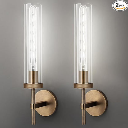 Bronze Wall Sconces Set of Two with White Lights, 19.5'' Brushed Brass Knurled Bathroom Sconces Wall Lighting Vanity Light with Clear Glass for Living Room Mirror Bedroom Stairs