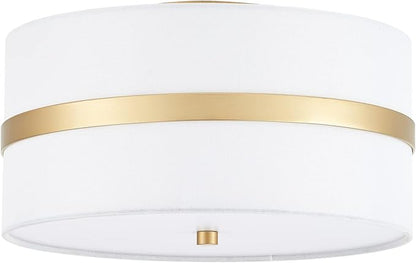 Semi Flush Mount Ceiling Light Fixture, Thin Pale Gold Brush Paint Finish Modern Ceiling Lamp with Cream White Fabric Drum Shade for Nursery Kids Room Bedroom Kitchen Hallway Entryway 3-Light