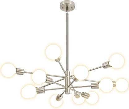 Sputnik Chandelier Modern Brushed Nickel Chandeliers 12-Light Mid Century Ceiling Lighting Fixture for Living Room, Kitchen, Bedroom, Dining Room, and Farmhouse