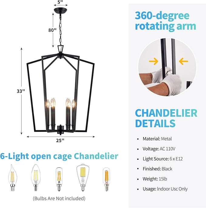 Vezzio 6-Light Black Chandelier for Entryway Foyer, D25 Inch Modern Farmhouse Industrial Pendant Light Fixture Adjustable Chain Dimmable for High Ceiling Dining Room Kitchen Island Hallway Stairway
