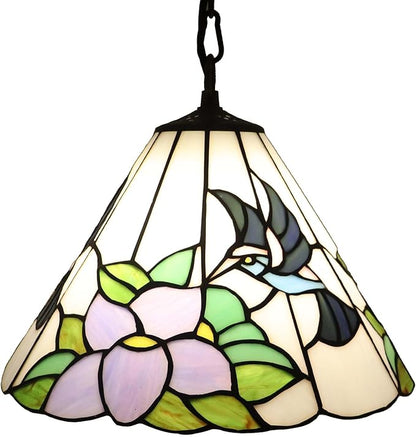 Bieye L11053 Hummingbird Flower Tiffany Style Stained Glass Ceiling Pendant Fixture for Home Decoration (Blue, 12-inch Wide)