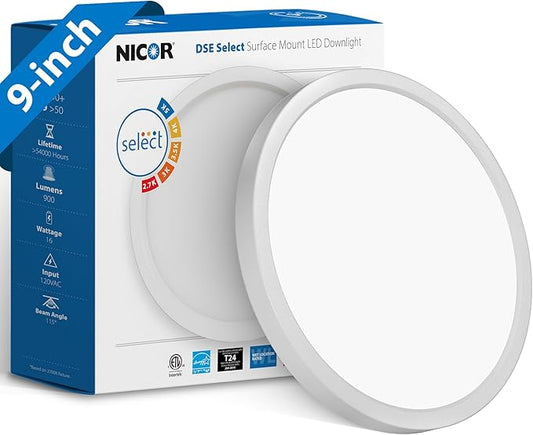 9” Round LED Surface Mount Ceiling Light - Dimmable Ceiling Light for Kitchen - Selectable CCT 2700K-5000K, 1261-1315 Lumens, 18.1W - DSE Edge-Lit Downlights for Ceiling, White by NICOR Lighting