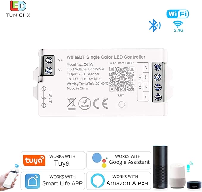 C01W Single Color LED Controller, Tuya WiFi 2.4G RF, 2Pin PWM Dimmer for LED Strip, APP & Voice Control, Compatible with Alexa Google Home, Compatible with WR02RF RC01RFB Remote