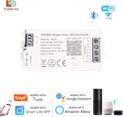 C01W Single Color LED Controller, Tuya WiFi 2.4G RF, 2Pin PWM Dimmer for LED Strip, APP & Voice Control, Compatible with Alexa Google Home, Compatible with WR02RF RC01RFB Remote