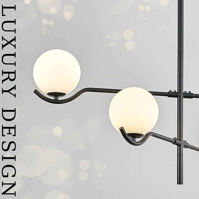 CATINER Black Sputnik Chandelier, Modern 4 Lights L31 '' Large Mid Century Long Ceiling Pendant Light Fixtures with Milk Glass Globe Shades for High Ceiling Living Dining Room Foyer Bedroom