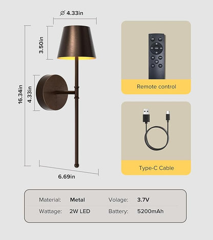 UME Wireless Sconces Set of 2 with Remote, 5200mAh Battery Powered Sconces - Small Rechargeable Sconces w/ 3 Color Temps & 5 Brightness Levels for Bedroom, Living Room, Wall Painting, Cafe (Coffee)