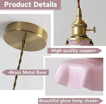 Brass Glass Pendant Lights,Mid Century Pendant Island Light,Vintage Hanging Lights for Dining Room Kitchen Bedroom Outdoor,Color Pink