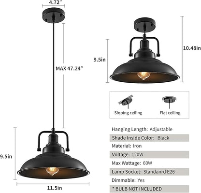 Black Pendant Light 12.5 inches 1 Pack, Farmhouse Pendant Light, Industrial Pendant Lighting, Kitchen Pendant Lights, Pendant Lights Kitchen Island for Dinning Room Entryway Barn