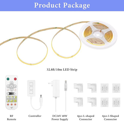 COB Smart LED Strip Light - 32.8ft/10m 2700K Warm White 24V Dimmable Light Strip with Remote High-Density 4800LEDs CRI90+ Compatible with Alexa/Google Assistant Cuttable Tape for Closet Shelves