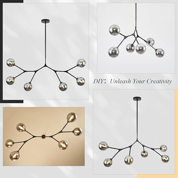 6 Lights Sputnik Chandelier for Dining Room L45’’ Black Modern Pendant Light Fixture with Black Clear Glass Shade Large Mid Century Chandeliers for Kitchen Island Living Room Foyer