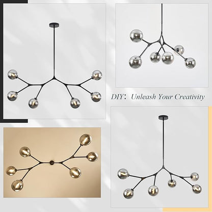 6 Lights Sputnik Chandelier for Dining Room L45’’ Black Modern Pendant Light Fixture with Black Clear Glass Shade Large Mid Century Chandeliers for Kitchen Island Living Room Foyer