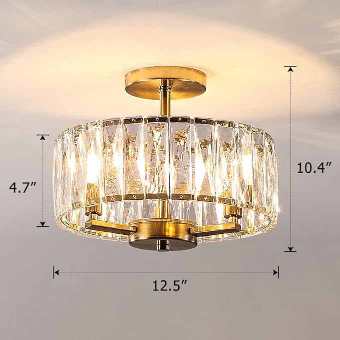 Gold Crystal Semi Flush Mount Chandeliers, 12.5” K9 Crystal Chandeliers 3-Light Ceiling Metal Pendant Fixture E12 Base for Living Room Bedroom Kitchen Island Hallway Dining Room …