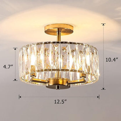 Gold Crystal Semi Flush Mount Chandeliers, 12.5” K9 Crystal Chandeliers 3-Light Ceiling Metal Pendant Fixture E12 Base for Living Room Bedroom Kitchen Island Hallway Dining Room …
