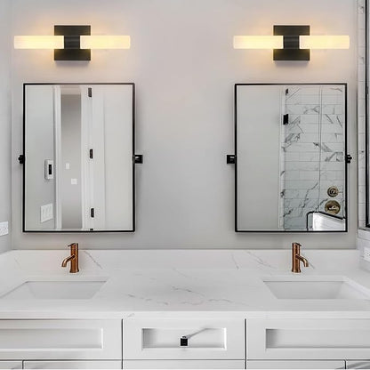 KUZZULL Wall Sconces Set of Two Matte Black Modern Bathroom Sconces Lighting Set of 2 Frosted Glass Shade Indoor Wall Lamp Wall Mounted Lights Metal Wall Light Fixtures for Living Room Stairs