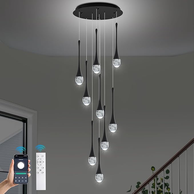 Modern Crystal Chandelier 10-Lights Black, H98.5'' High Ceiling Spiral Dimmable LED Bubble Crystal Raindrop Light Fixture for Foyer Entryway Dining Room Remote Control