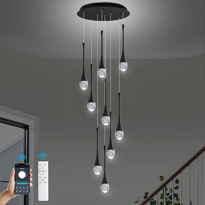 Modern Crystal Chandelier 10-Lights Black, H98.5'' High Ceiling Spiral Dimmable LED Bubble Crystal Raindrop Light Fixture for Foyer Entryway Dining Room Remote Control