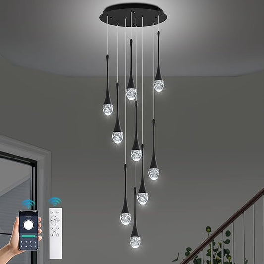 Modern Crystal Chandelier 10-Lights Black, H98.5'' High Ceiling Spiral Dimmable LED Bubble Crystal Raindrop Light Fixture for Foyer Entryway Dining Room Remote Control