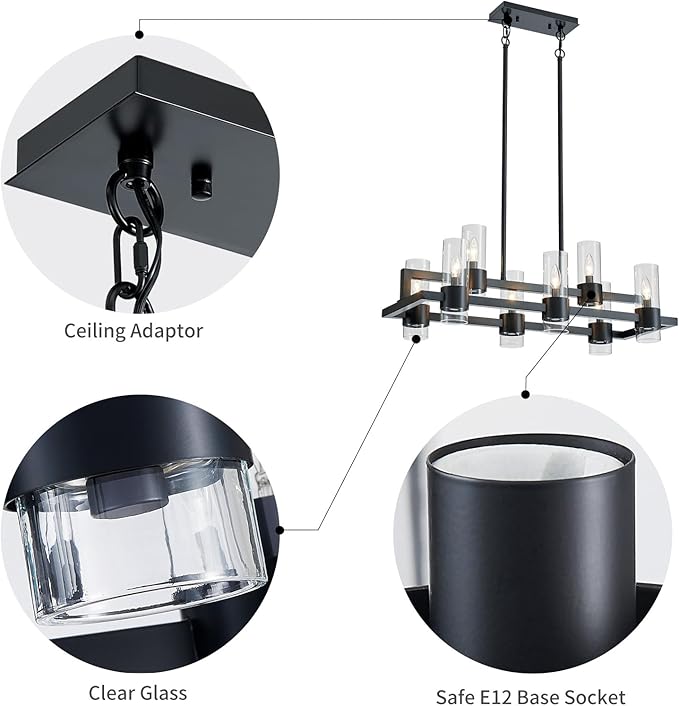 WUZUPS Island Rectangle Chandelier 8-Light with Clear Glass Industrial Modern Farmhouse Linear Light Fixture for Dining Room Kithen Island, Width 33.5" Height 12.6", Black