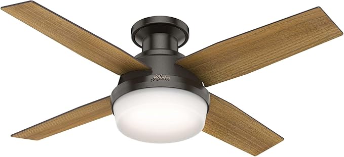 Hunter 44 inch Indoor Ceiling Fan with LED Light and Remote Control - Bronze Modern Ceiling Fan, Low Profile Mount, 4 Blades, For Bedroom, Living Room, or Kitchen, Quiet - Dempsey 59445, Noble Bronze