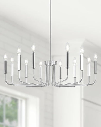 Yunnix 12-Light Brushed Nickel Chandelier, 35" Extra Large Silver Light Fixture - Modern Farmhouse Chrome Chandelier for Dining Room, Kitchen Island, Living Room, Hall, Foyer