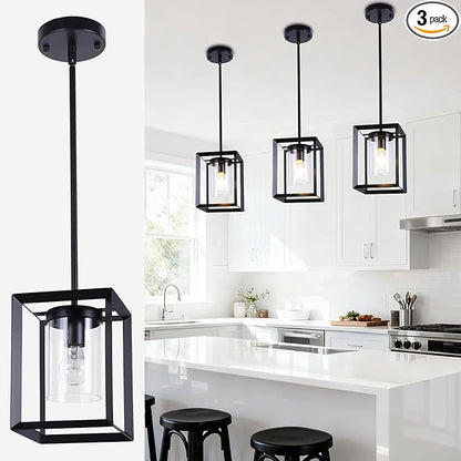 3 Pack Black Pendant Lights for Kitchen Island, Farmhouse 1-Light Iron Cage Metal Hanging Light with Clear Glass Shade, Industrial Lighting Fixtures for Living Room Bedroom Hallway Foyer