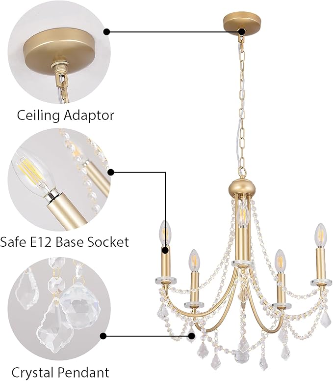 5-Light Farmhouse Chandelier with Crystal Accents, Gold Candle-Style Adjustable Pendant Light for Dining Table, Bedroom, Entryway, Living Room, Kitchen Island, Rustic Modern Ceiling Fixture
