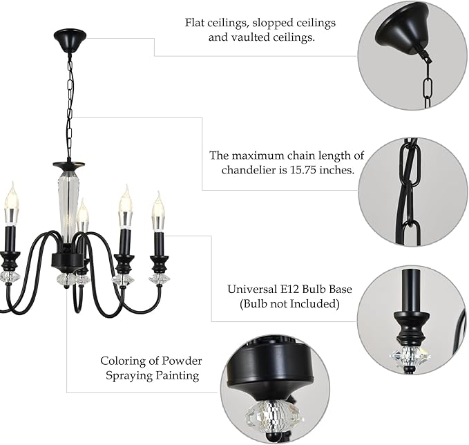 Black Chandelier, 5-Light Farmhouse Candle Chandelier for Living Room, Rustic Industrial Pendant Chandeliers for Dining Room, Vintage Crystal Hanging Light fixture for Hallway Kitchen Foyer E12