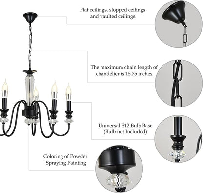 Black Chandelier, 5-Light Farmhouse Candle Chandelier for Living Room, Rustic Industrial Pendant Chandeliers for Dining Room, Vintage Crystal Hanging Light fixture for Hallway Kitchen Foyer E12