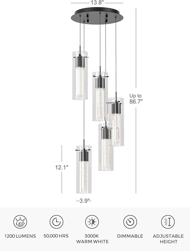 Tawson Alice 5-Light Chandelier Pendant Ceiling Light, Integrated Led and Bubble Glass, for Kitchen Island, Hallway, Entryway, Passway, Dining Room, Bedroom, Balcony Living Room (Black)