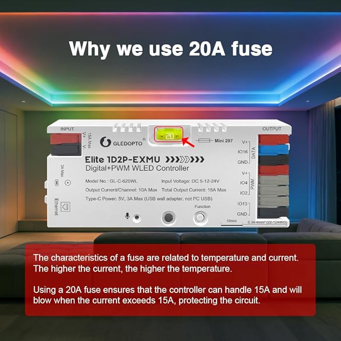 GLEDOPTO Elite Ethernet ESP32 WLED LED Strip Controller Digital RGB IC PWM CCT Monochrome Dual Outputs Built in Fuse Relay I2S PDM Mic for Addressable WS2811 WS2812 WS2815 SK6812 Analog Strip Light