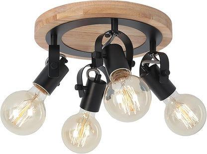 4-Light Round Flush Mount Ceiling Light，Adjustable Farmhouse Kitchen Track Light with Wood Base, Multi-Directional Dining Room Light for Island Hallway Entryway Bedroom.