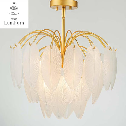 LumFurn 6-Light Gold Chandeliers, Modern 3-Tier Pendant Light Fixture for Dining Room, Living Room, Adjustable Height 19~51", Frosted Feather-Shaped Glass Shade & Brass Finish Frame
