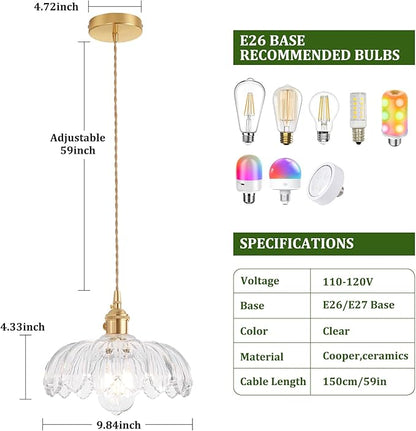 Shenmoyl Pendant Light with Clear Scindapsus Glass Lmapshade, Brass Vintage Pendant Light Adjustable Hanging Light for Kitchen Island Dining Room Hallway