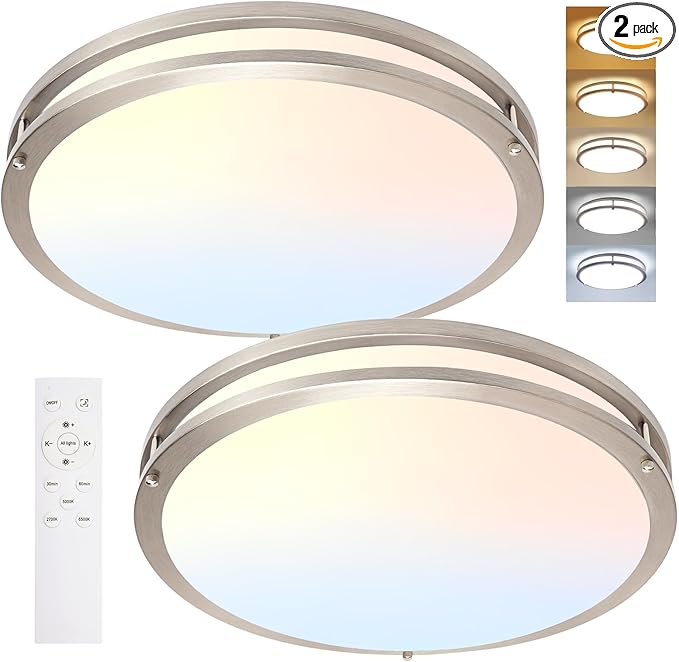 Flush Mount Ceiling Light - 2 Pack 36W 3000K/3500K/4000K/5000K/6000K Dimmable Led Ceiling Light Fixture for Kitchen Hallway Bedroom Bathroom (2, Brushed Nickel, 17.5 Inch)