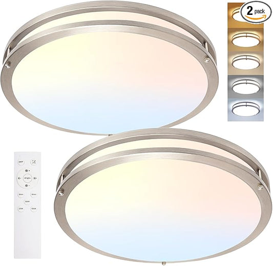 Flush Mount Ceiling Light - 2 Pack 36W 3000K/3500K/4000K/5000K/6000K Dimmable Led Ceiling Light Fixture for Kitchen Hallway Bedroom Bathroom (2, Brushed Nickel, 17.5 Inch)