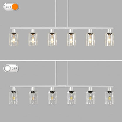 6-Light Kitchen Island Lighting with Glass Shade and Adjustable Rods, Brushed Nickel Dining Room Light Fixture Over Table, Farmhouse Linear Chandelier Pendant Light for Kitchen Living Room