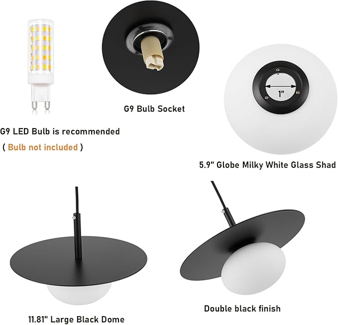 BYOLIIMA Modern Globe Pendant Lighting Milky White Glass Shade Matte Black Farmhouse Pendant Light 11.81" Dome Industrial Mid Century Hanging Ceiling Light Fixture Kitchen Island Dinning Room Bedroom