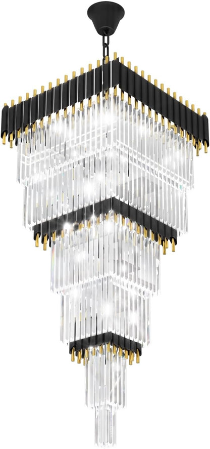 W24 x H80 Large Black Gold Chandeliers for High Ceiling, 15-Light Square Tiered K9 Crystal Raindrop Chandelier, Adjustable Height Luxury Pendant Light for Staircase, Villa Foyer, Entryway