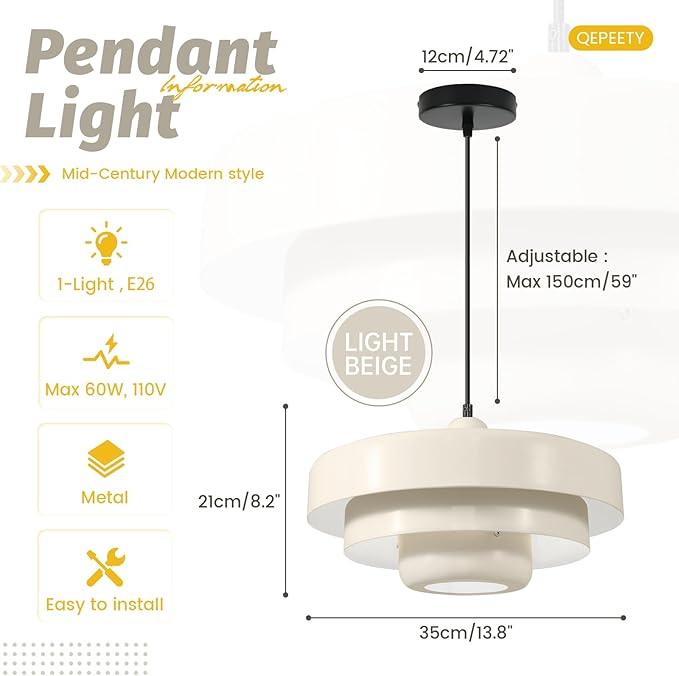 Mid-Century Modern Pendant Light, Beige Pendant Lighting, 1-Light Adjustable Hanging Light Fixture for Kitchen Island, Dining Room, Bedroom, Living Room