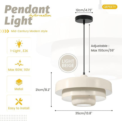 Mid-Century Modern Pendant Light, Beige Pendant Lighting, 1-Light Adjustable Hanging Light Fixture for Kitchen Island, Dining Room, Bedroom, Living Room