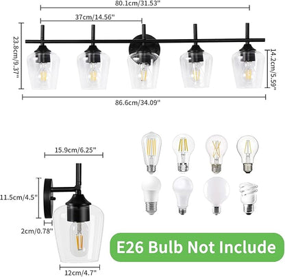 Bathroom Light Fixtures 5-Light Black Vanity Light with Clear Glass Shade, Modern Wall Lights for Bedroom Hallway Living Room (Black, 5-Light)