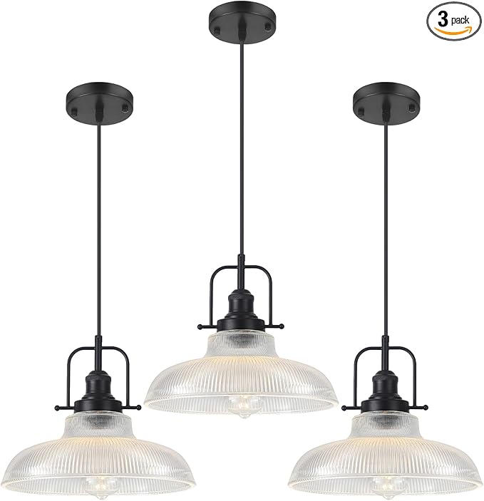 Black Glass Pendant Lights Kitchen Island 3 Pack, 12-inch Ribbed Glass Kitchen Pendant Lights, Farmhouse Pendant Lighting Over Island, Sink, Bar, Vintage Pendant Light for Dining Room