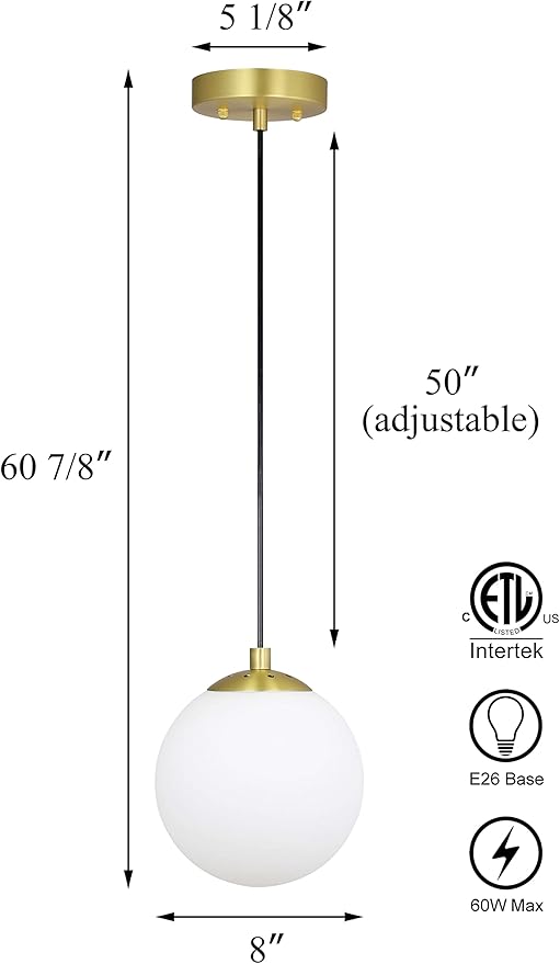 XiNBEi Lighting 8" Globe Pendant Light, Mid Century Brass Pendant Light with White Globe Glass Adjustable Hanging Fixtures for Kitchen Island Living Room XB-P1211-SB