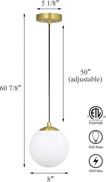 XiNBEi Lighting 8" Globe Pendant Light, Mid Century Brass Pendant Light with White Globe Glass Adjustable Hanging Fixtures for Kitchen Island Living Room XB-P1211-SB