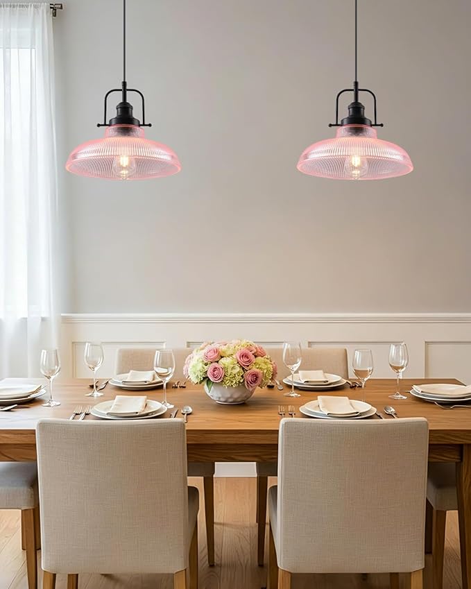 Pink Glass Pendant Lights Kitchen Island 1 Pack, 12-inch Ribbed Glass Kitchen Pendant Lights, Farmhouse Pendant Lighting Over Island, Sink, Bar, Vintage Pendant Light for Dining Room